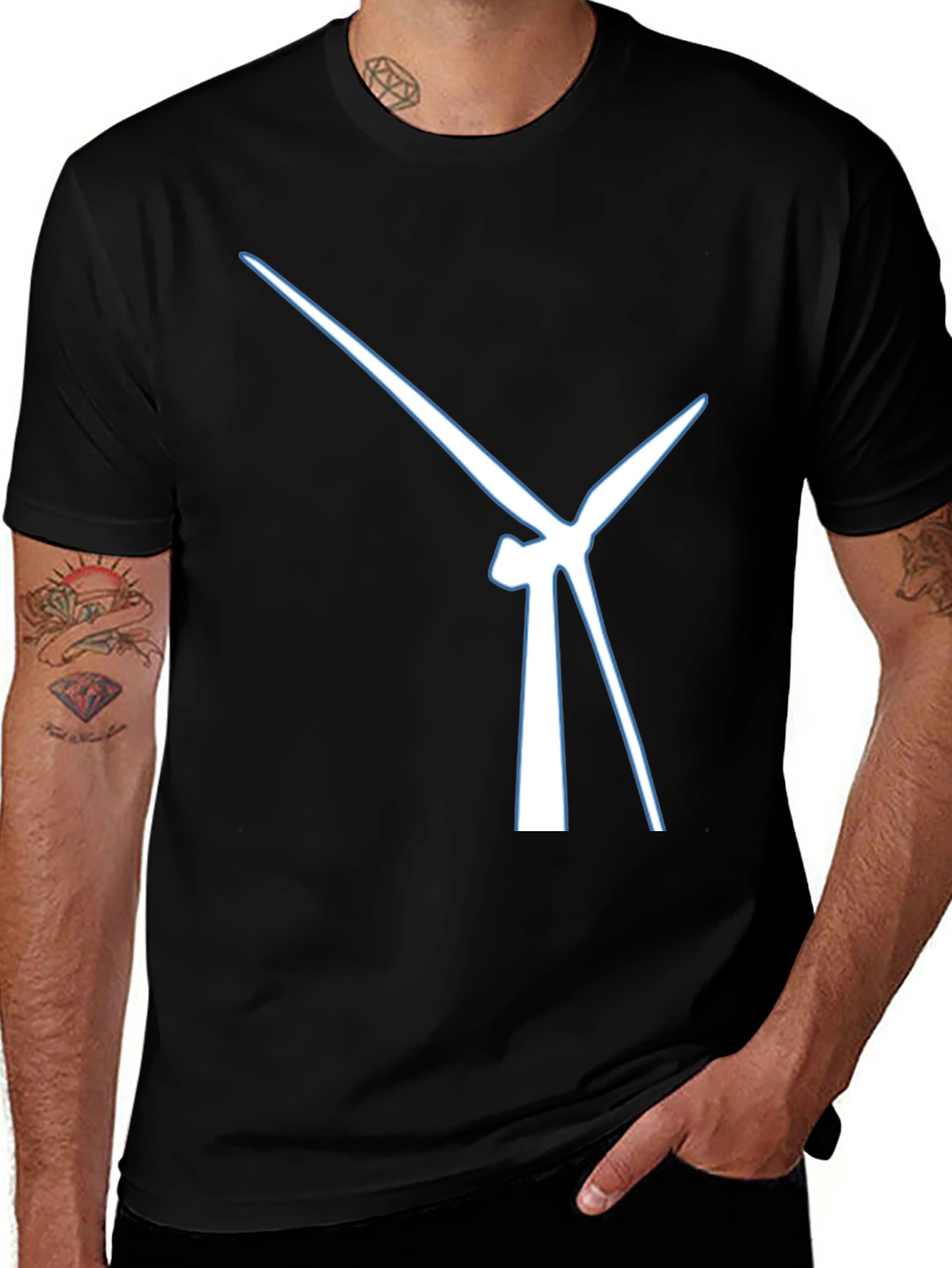 Modern Wind Turbine Graphic Tee - Black Cotton Blend