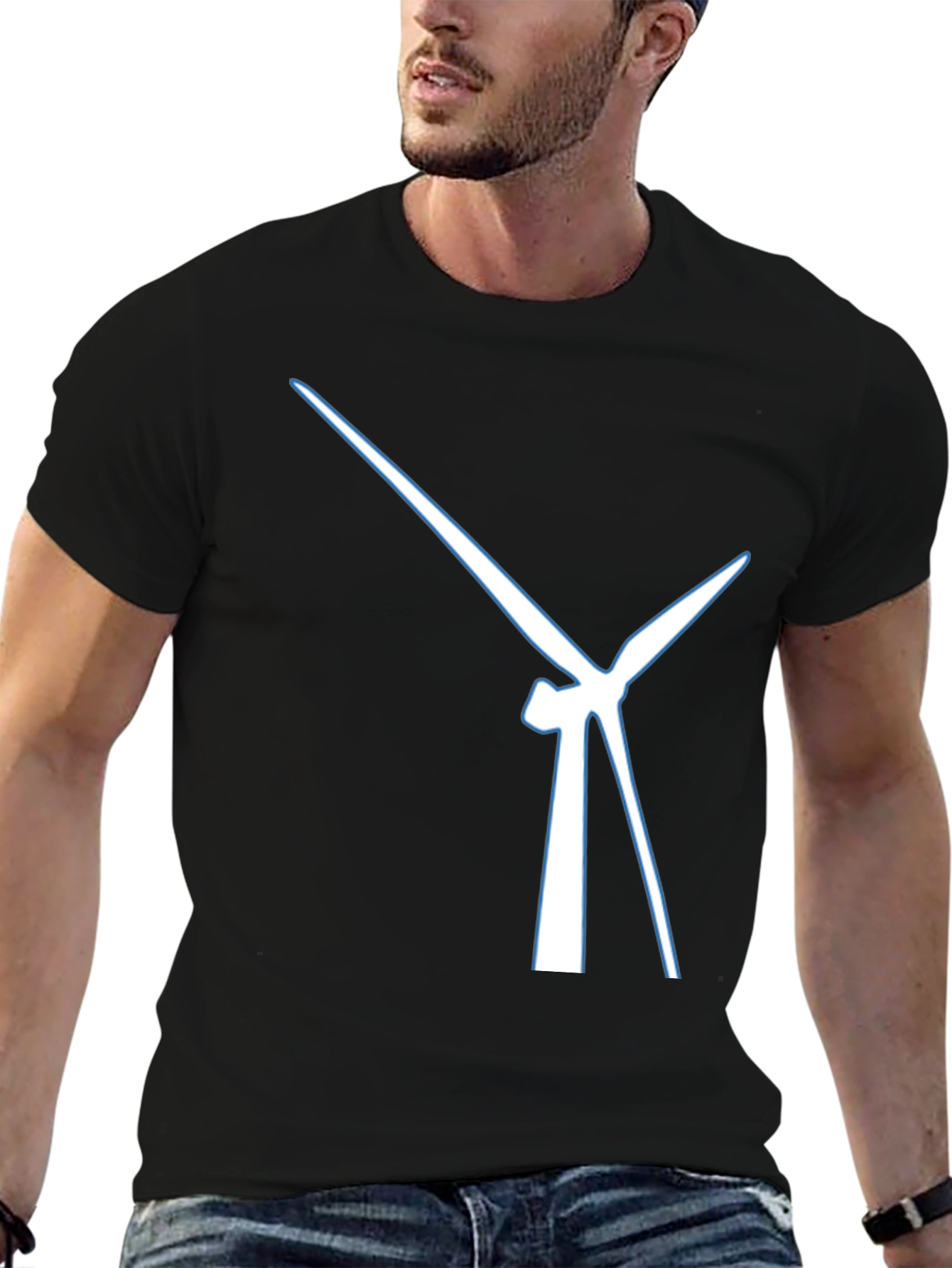Modern Wind Turbine Graphic Tee - Black Cotton Blend