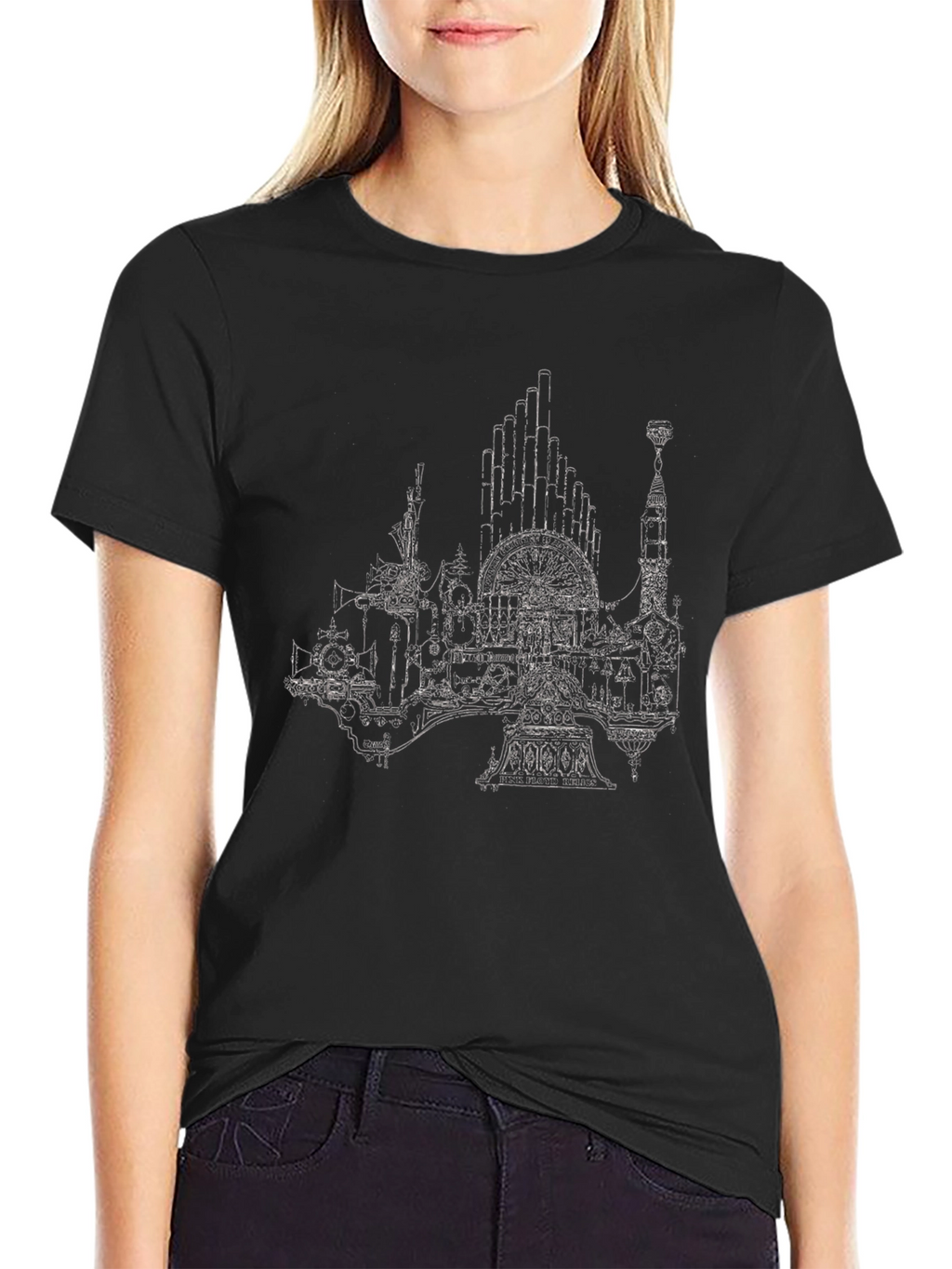Steampunk Cityscape Graphic Tee - Black Cotton