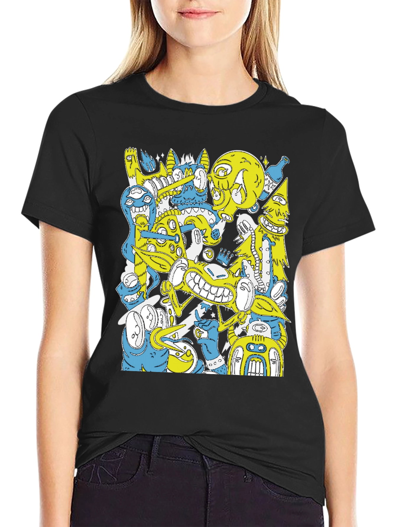 Abstract Cartoon Graphic Print Black T-Shirt