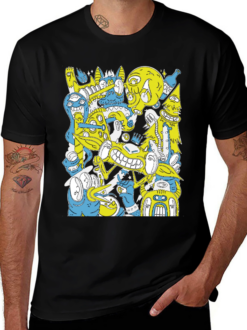 Abstract Cartoon Graphic Print Black T-Shirt