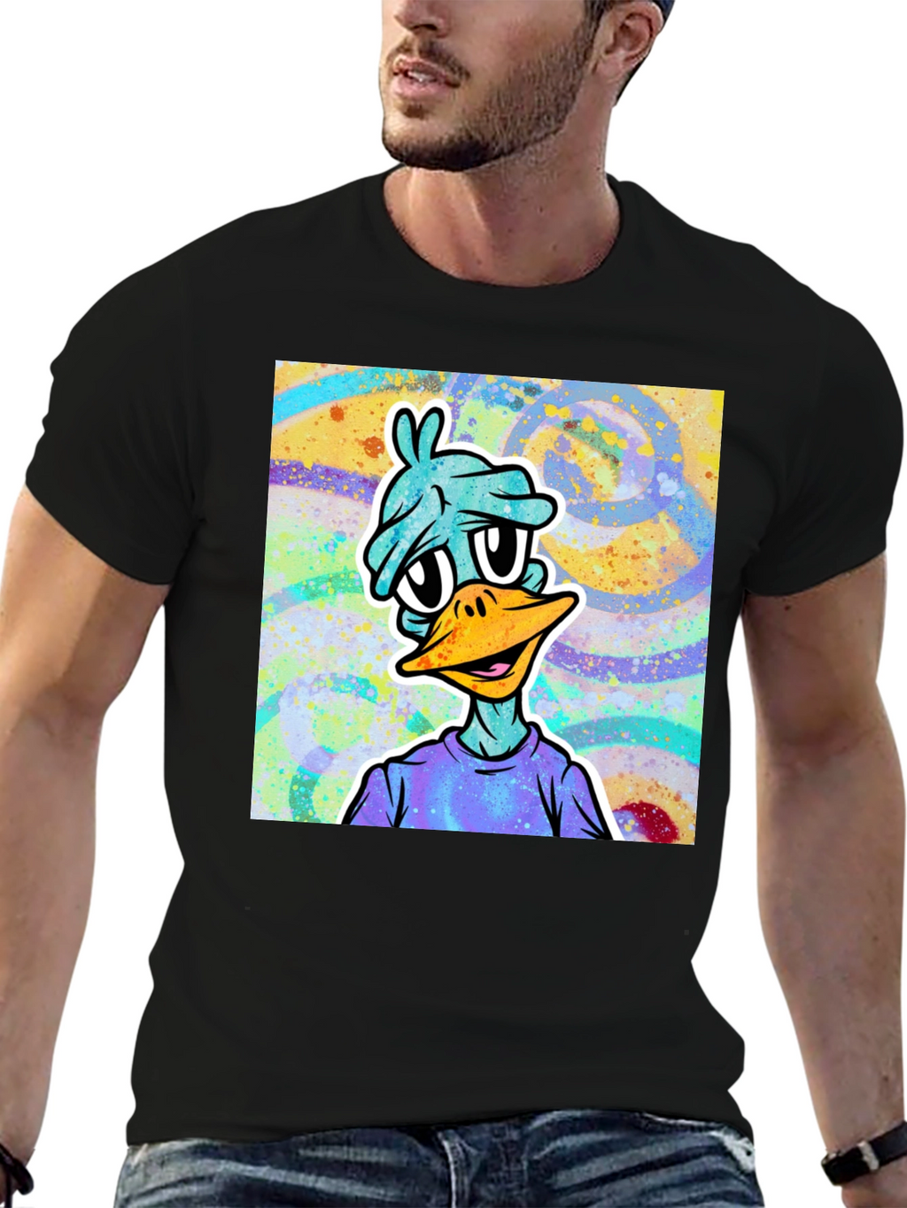Cartoon Duck Graphic Tee - Black
