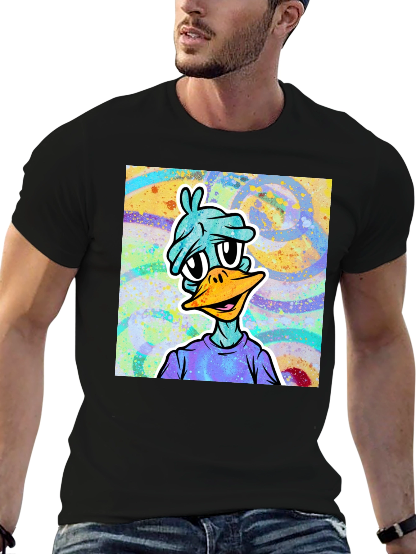 Cartoon Duck Graphic Tee - Black