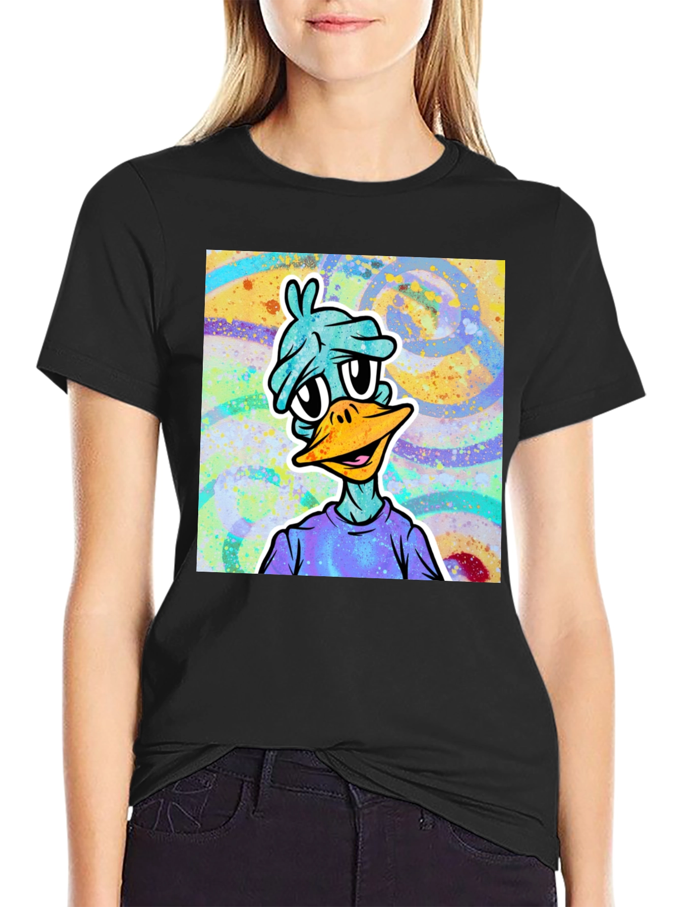 Cartoon Duck Graphic Tee - Black