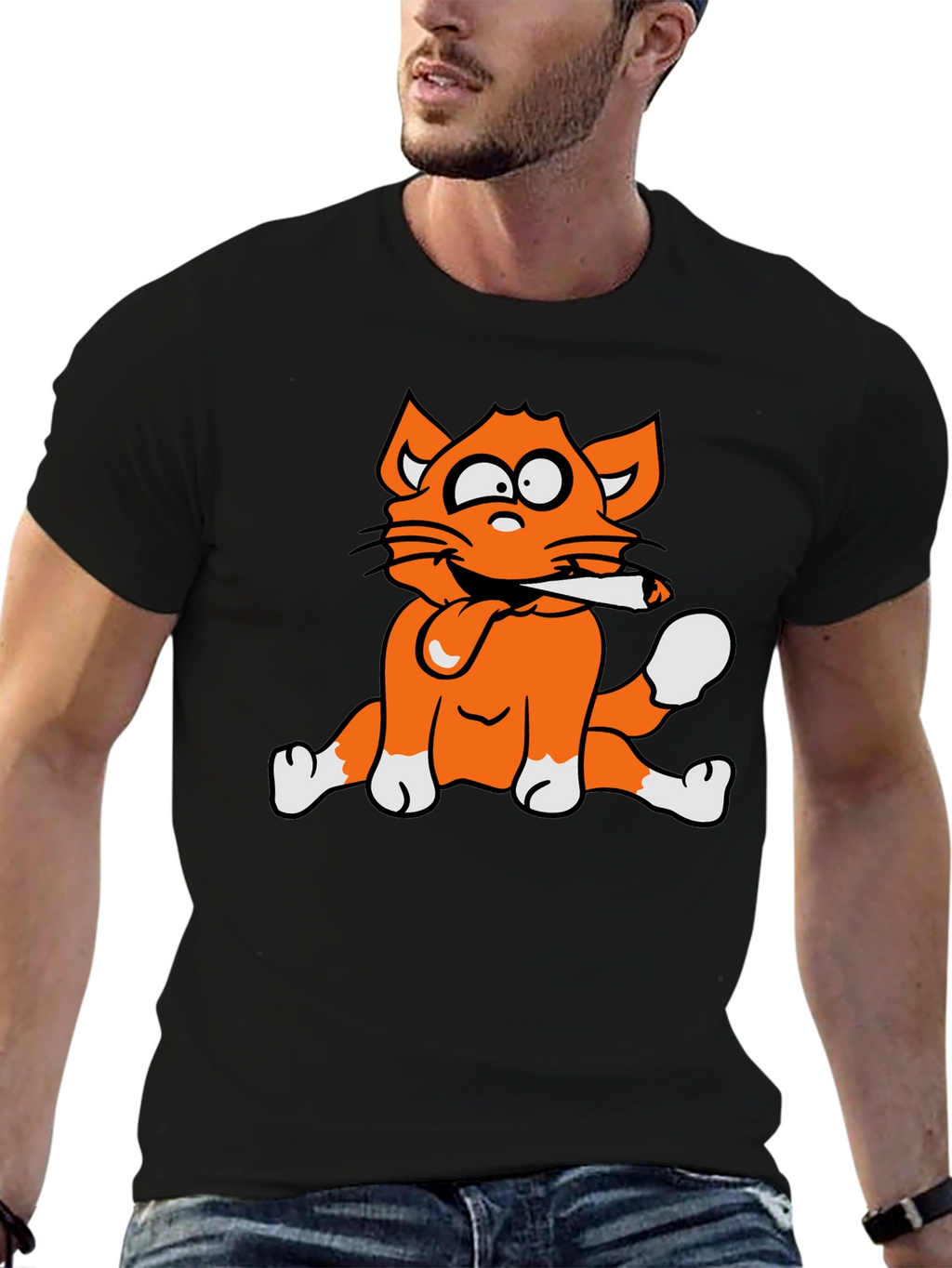 Cat Smoking Graphic Print T-Shirt