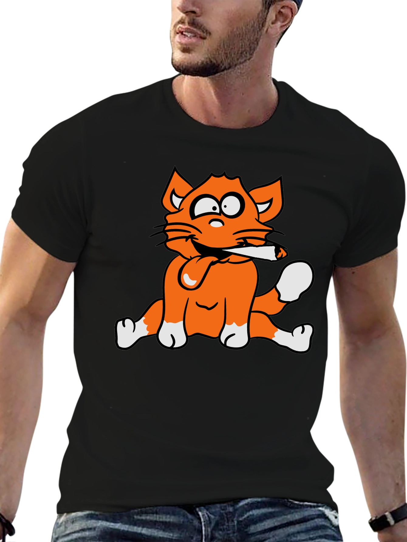 Cat Smoking Graphic Print T-Shirt