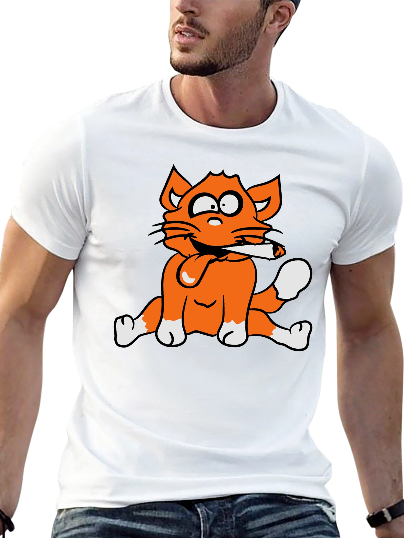 Cat Smoking Graphic Print T-Shirt