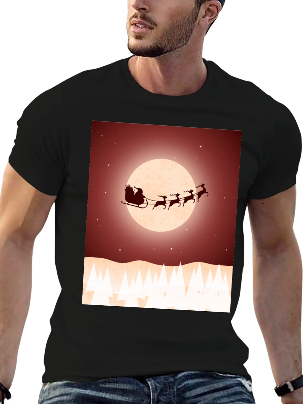 Festive Santa Sleigh Graphic Tee - Black