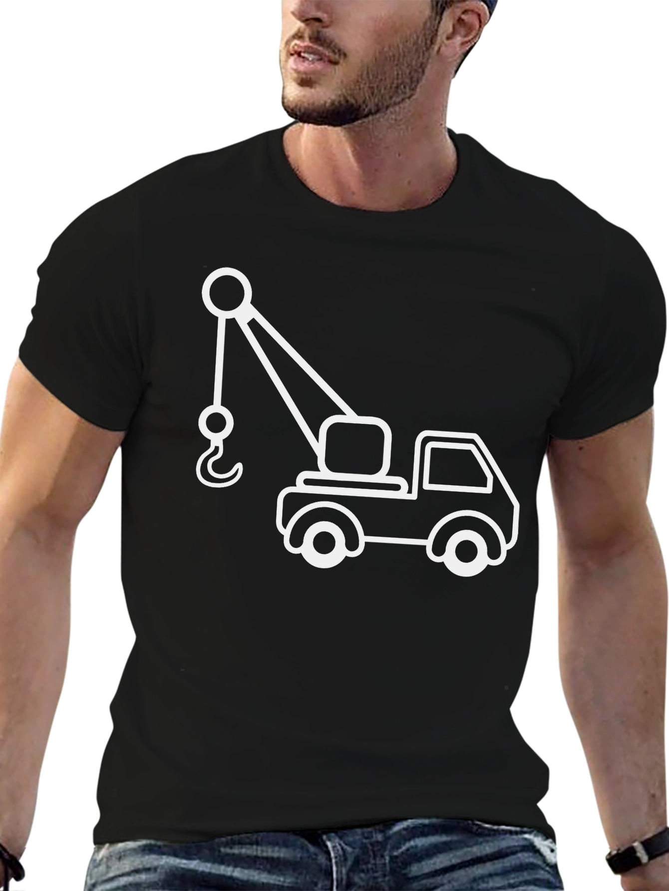 Crane Truck Graphic Tee - Black Cotton T-Shirt