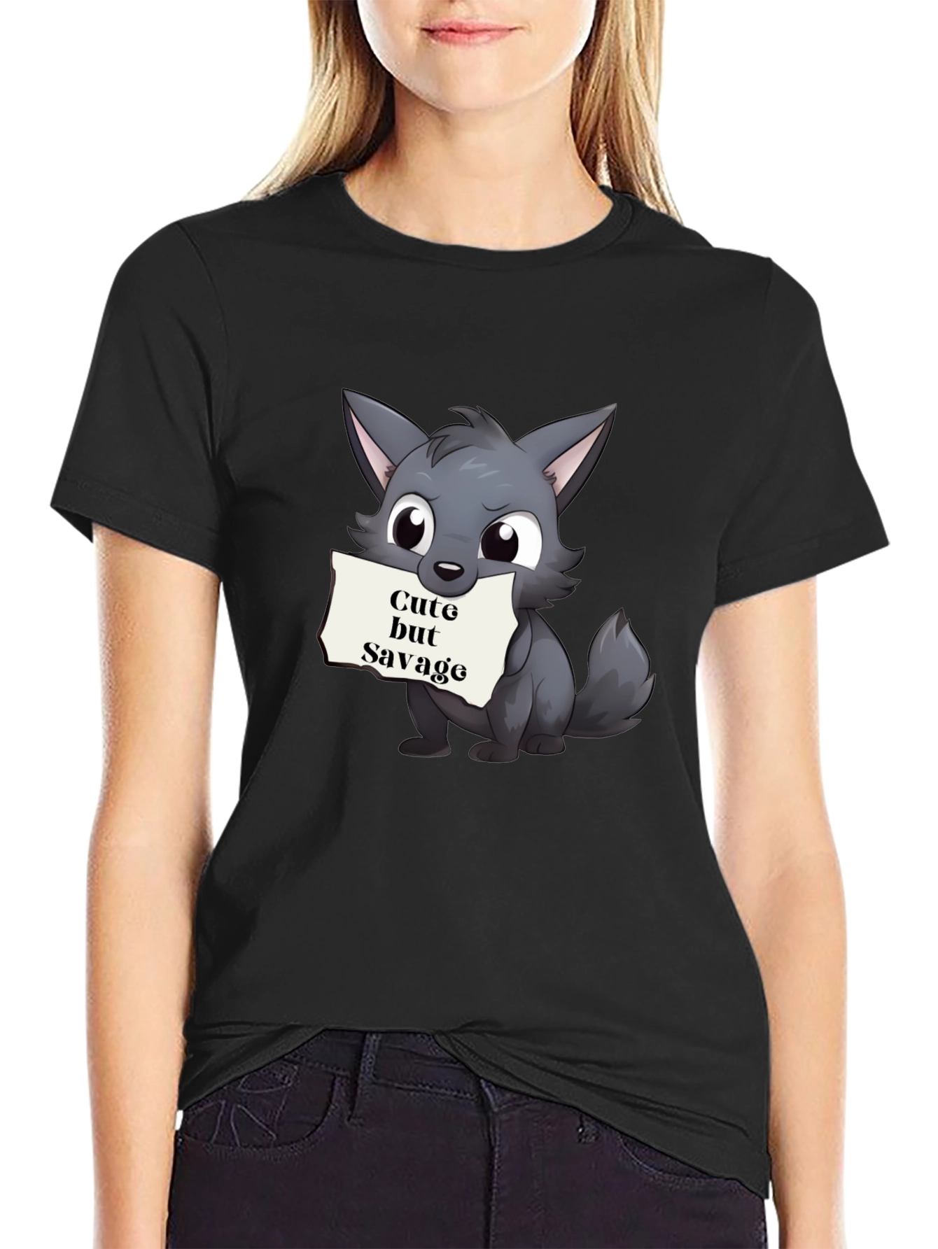 Cute but Savage Cartoon Wolf Black T-Shirt