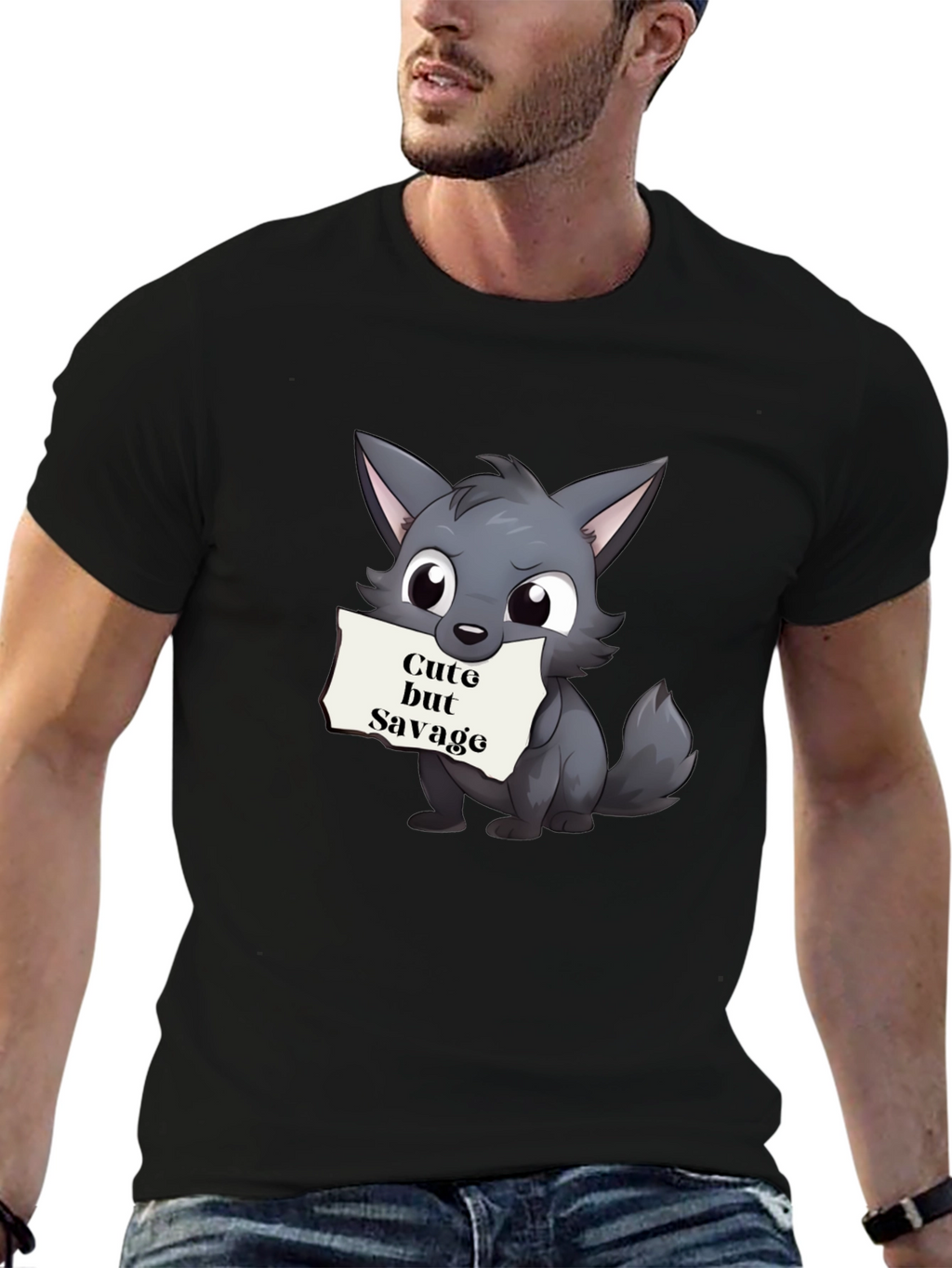 Cute but Savage Cartoon Wolf Black T-Shirt