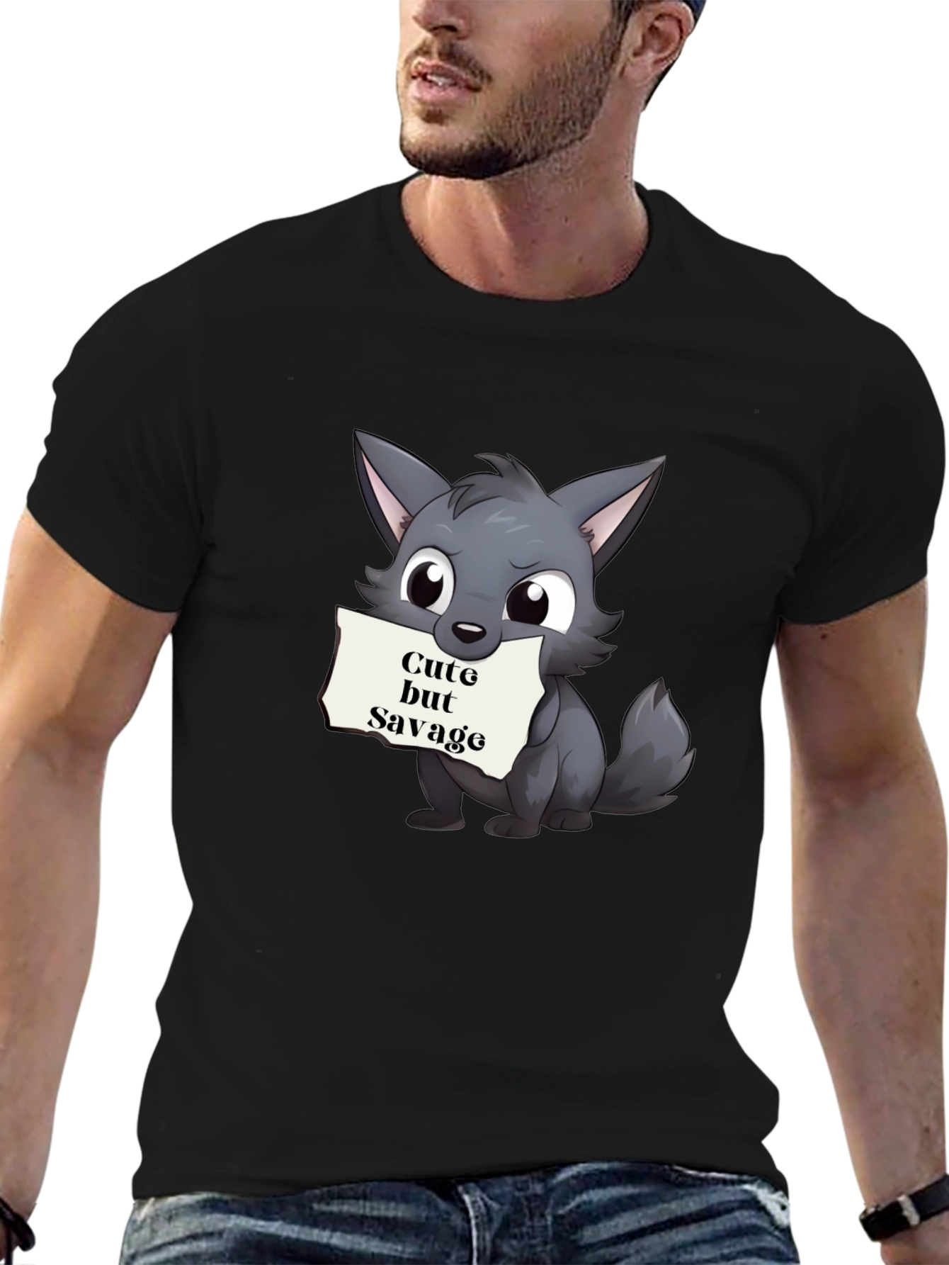 Cute but Savage Cartoon Wolf Black T-Shirt
