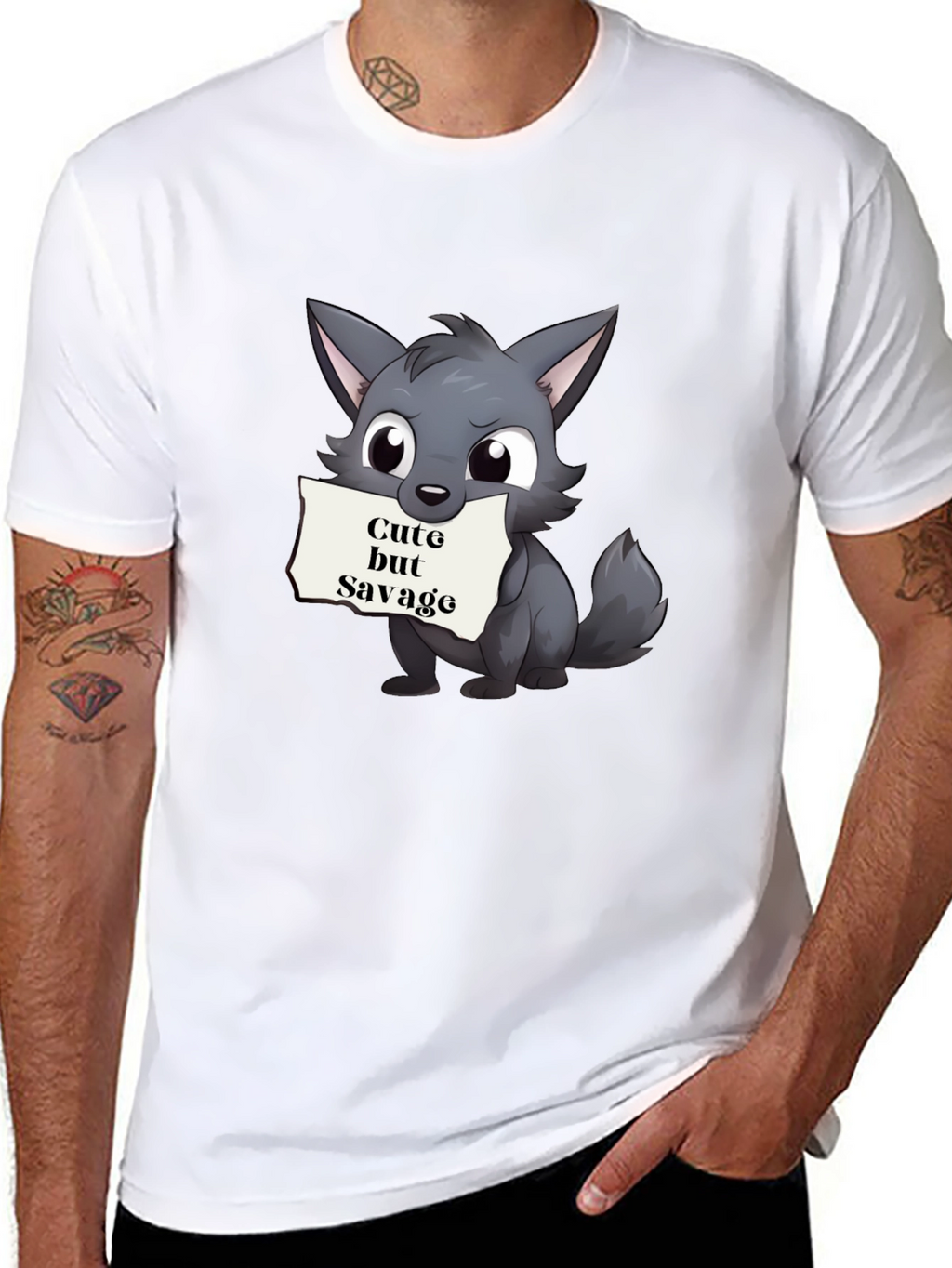 Cute but Savage Cartoon Wolf Black T-Shirt