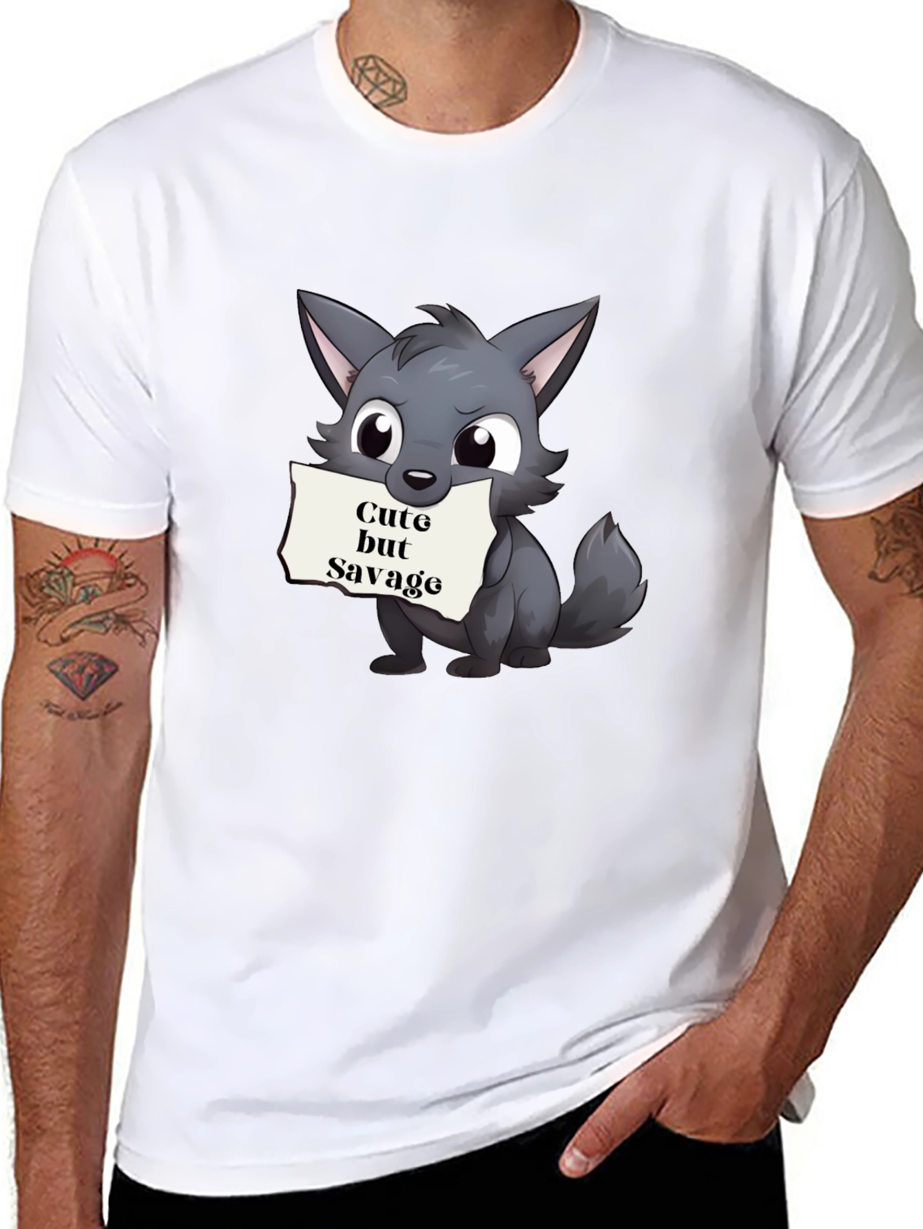 Cute but Savage Cartoon Wolf Black T-Shirt