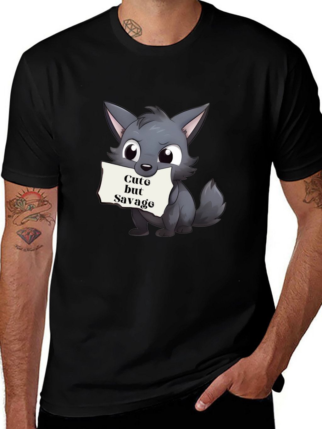 Cute but Savage Cartoon Wolf Black T-Shirt
