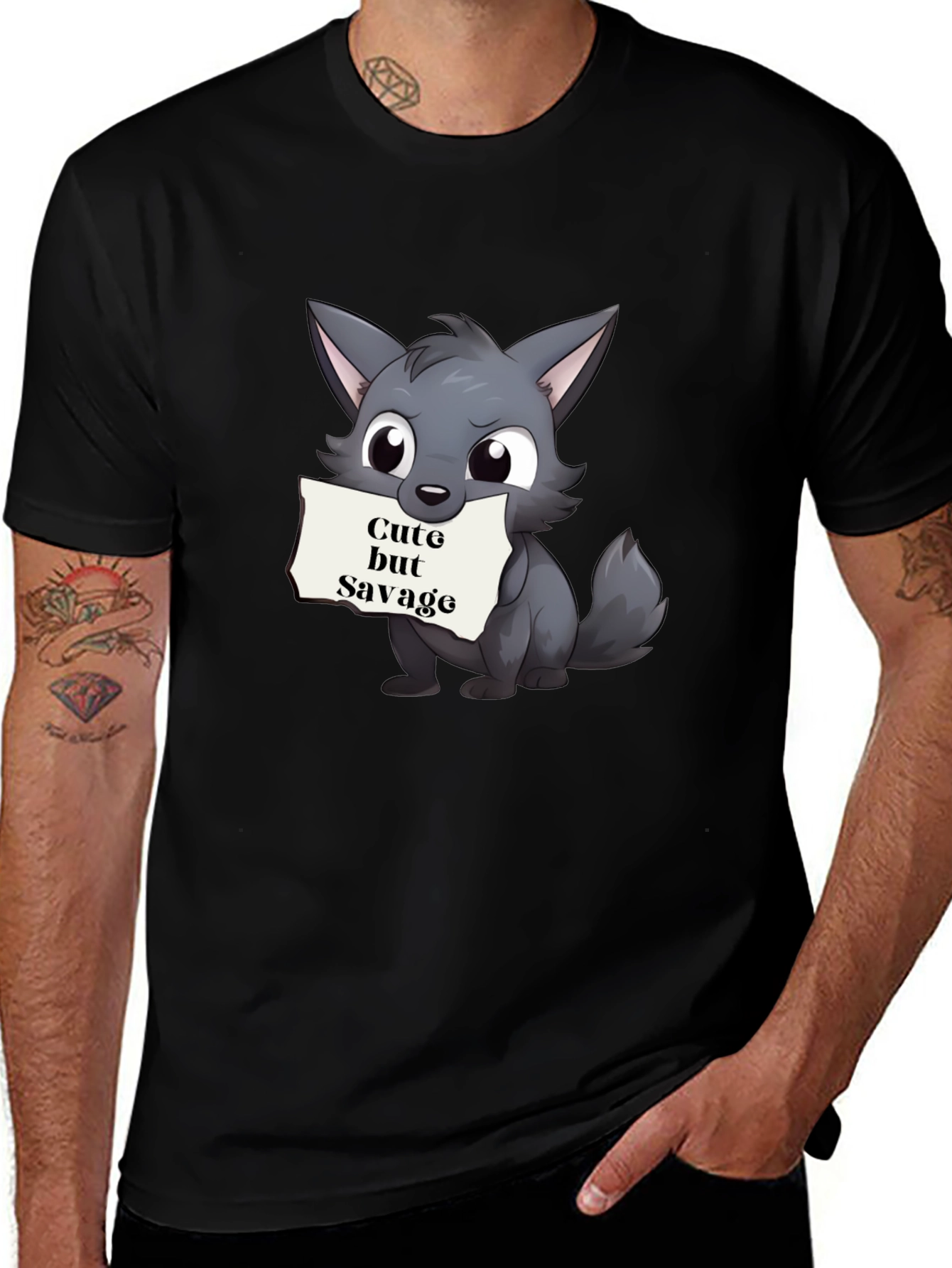 Cute but Savage Cartoon Wolf Black T-Shirt