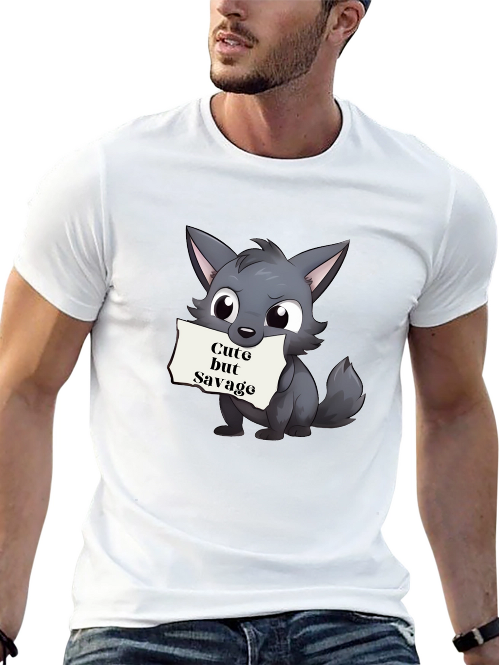 Cute but Savage Cartoon Wolf Black T-Shirt