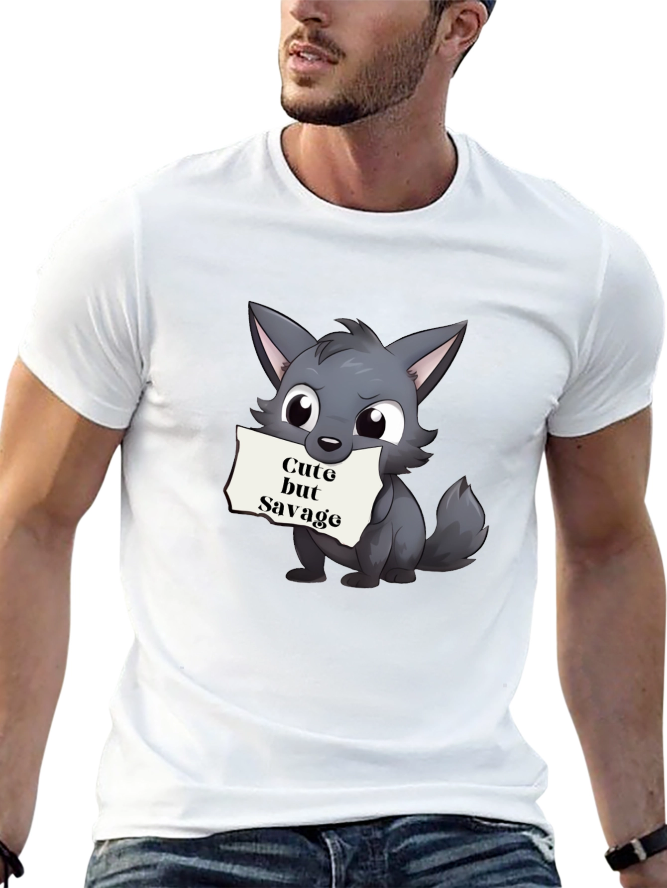 Cute but Savage Cartoon Wolf Black T-Shirt