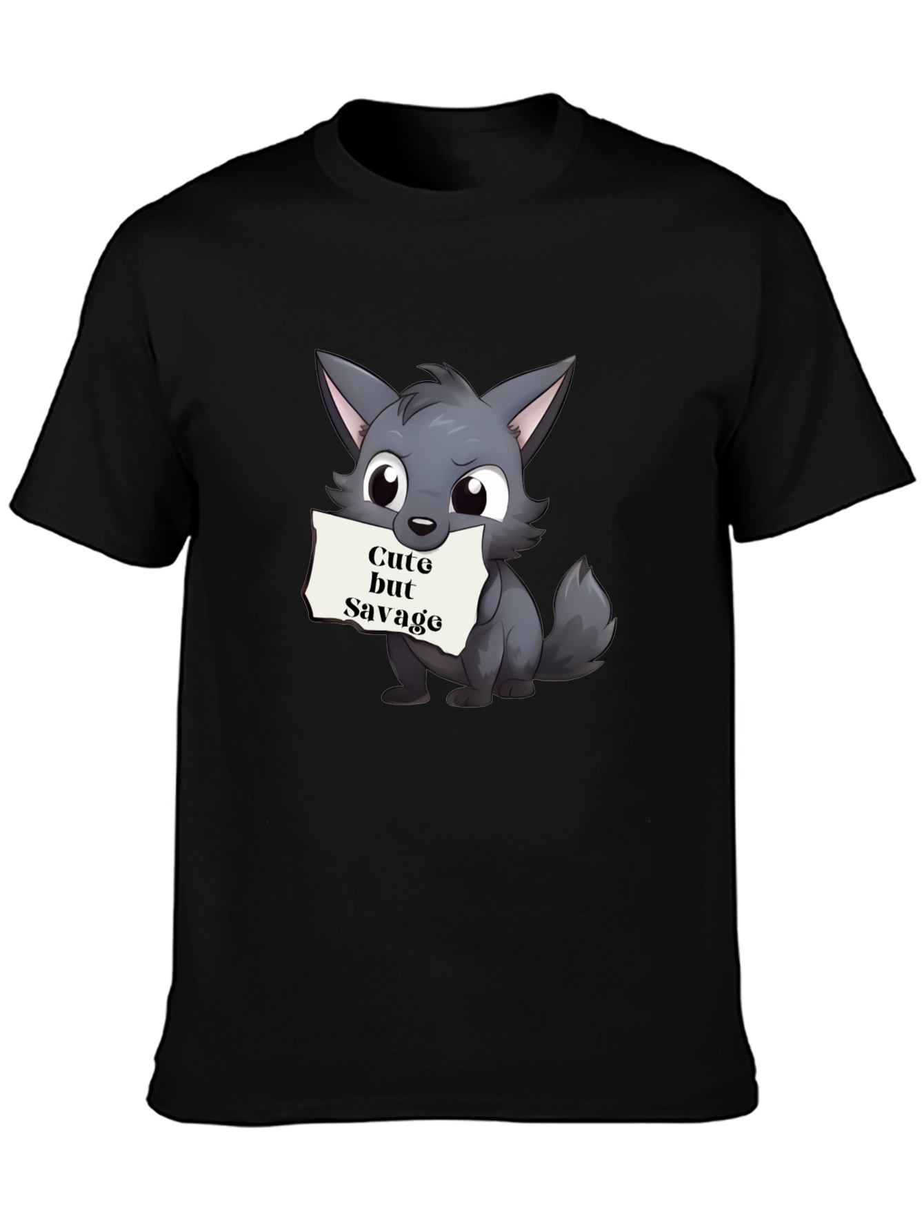 Cute but Savage Cartoon Wolf Black T-Shirt