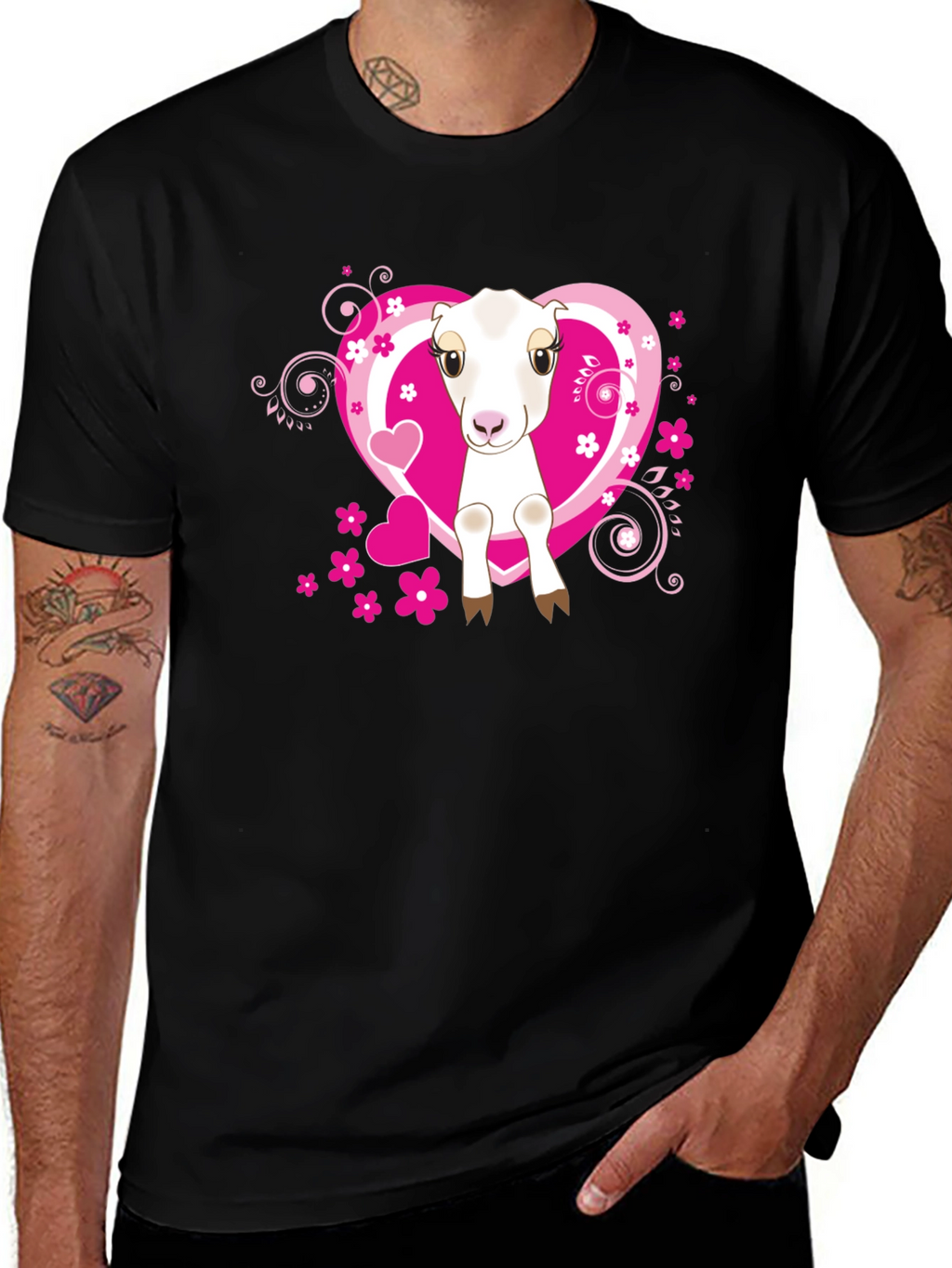 Cute Goat & Hearts Graphic Tee - Black T-Shirt