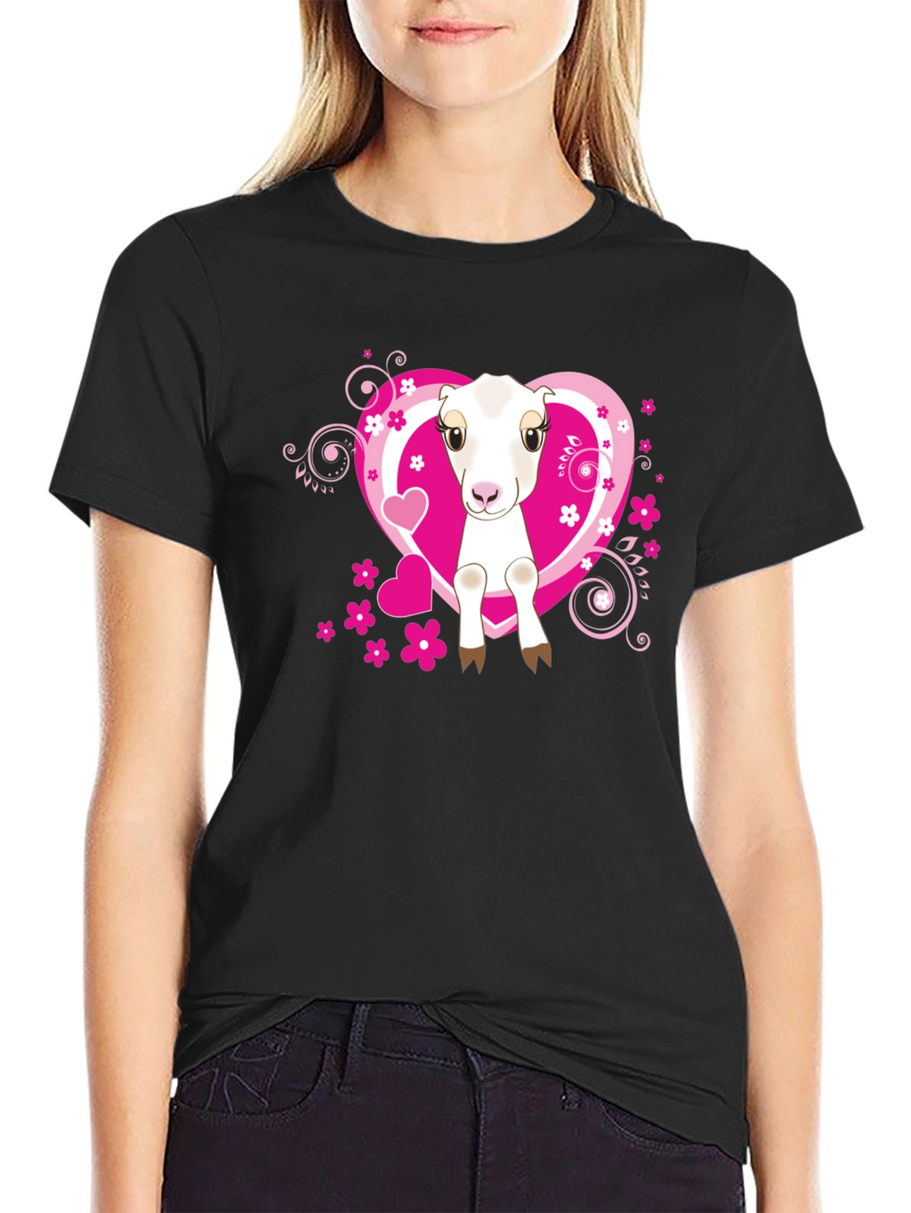Cute Goat & Hearts Graphic Tee - Black T-Shirt