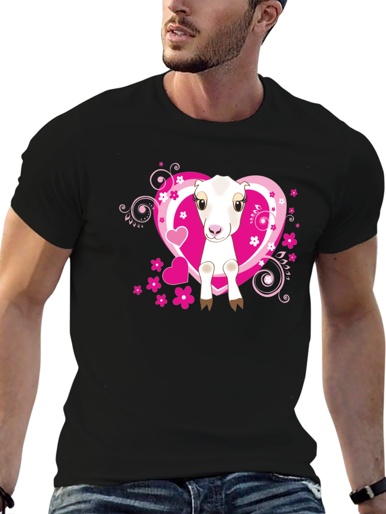 Cute Goat & Hearts Graphic Tee - Black T-Shirt