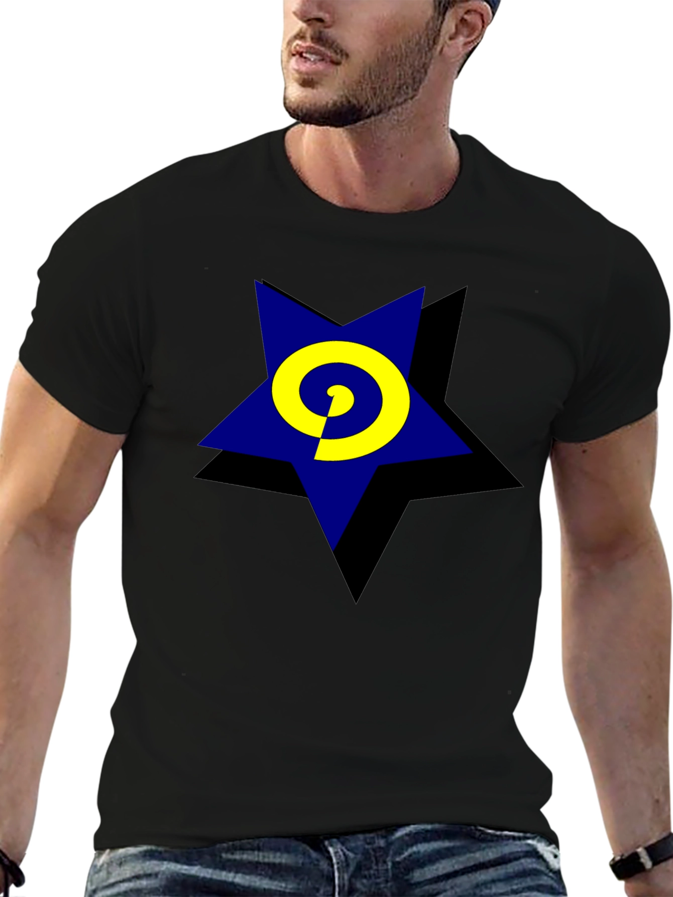 Blue Star Swirl Graphic Black T-Shirt
