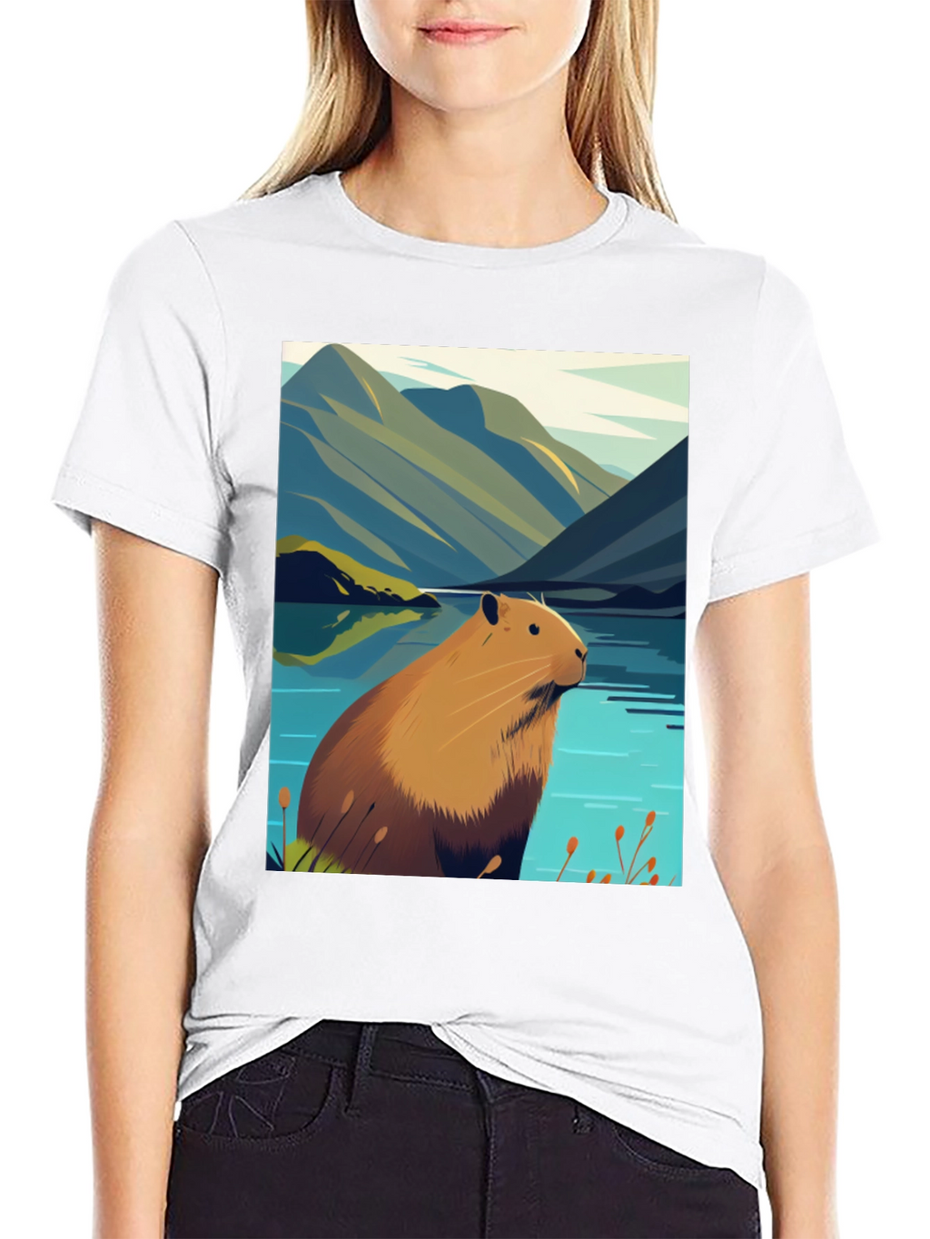 Capybara Lake Scene T-Shirt - Nature Graphic Tee