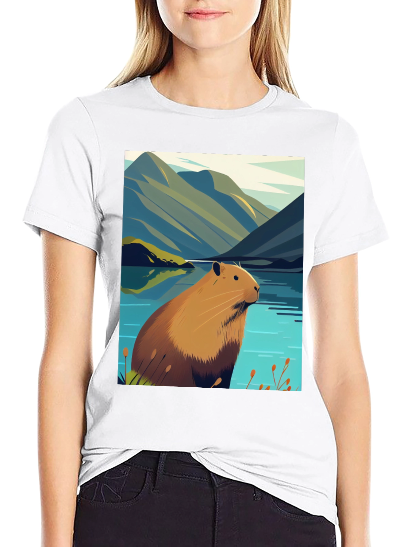 Capybara Lake Scene T-Shirt - Nature Graphic Tee