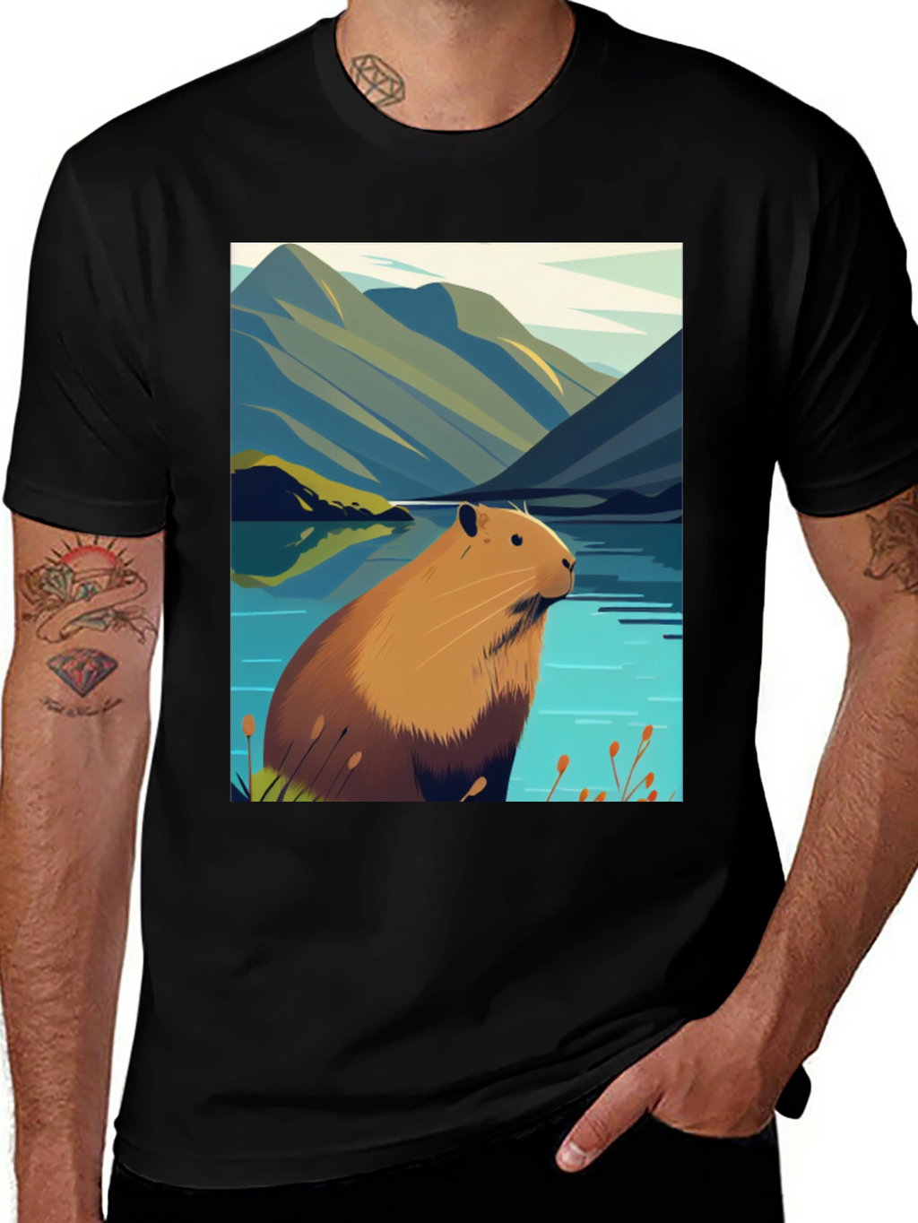 Capybara Lake Scene T-Shirt - Nature Graphic Tee