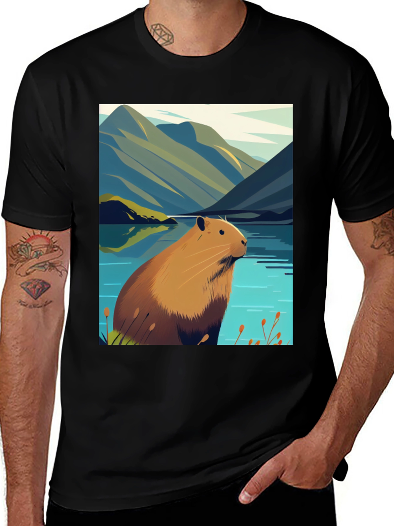 Capybara Lake Scene T-Shirt - Nature Graphic Tee