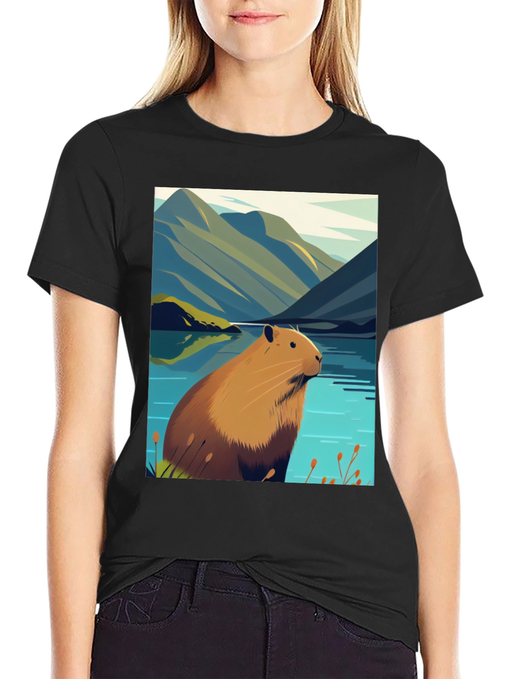 Capybara Lake Scene T-Shirt - Nature Graphic Tee