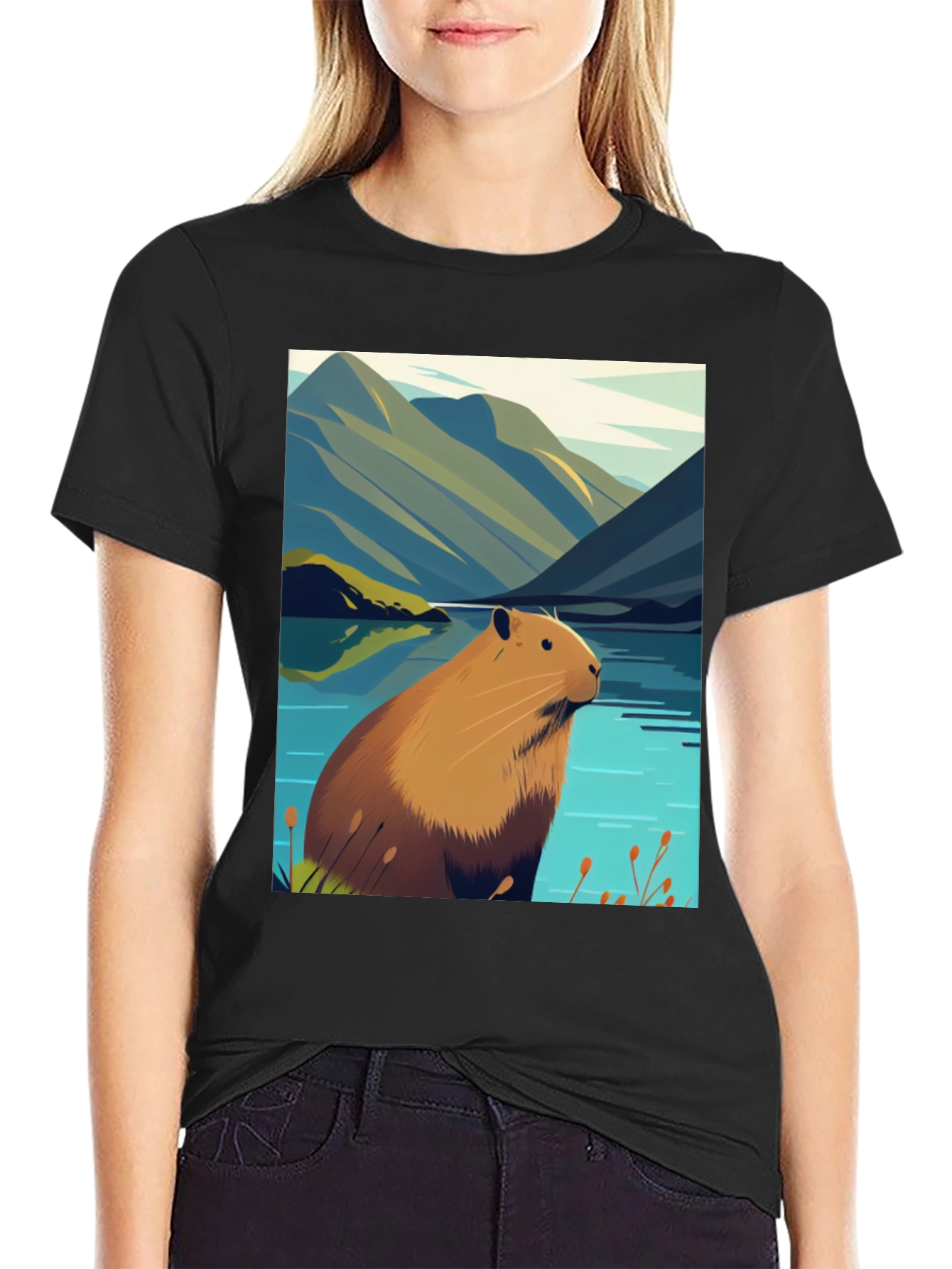 Capybara Lake Scene T-Shirt - Nature Graphic Tee