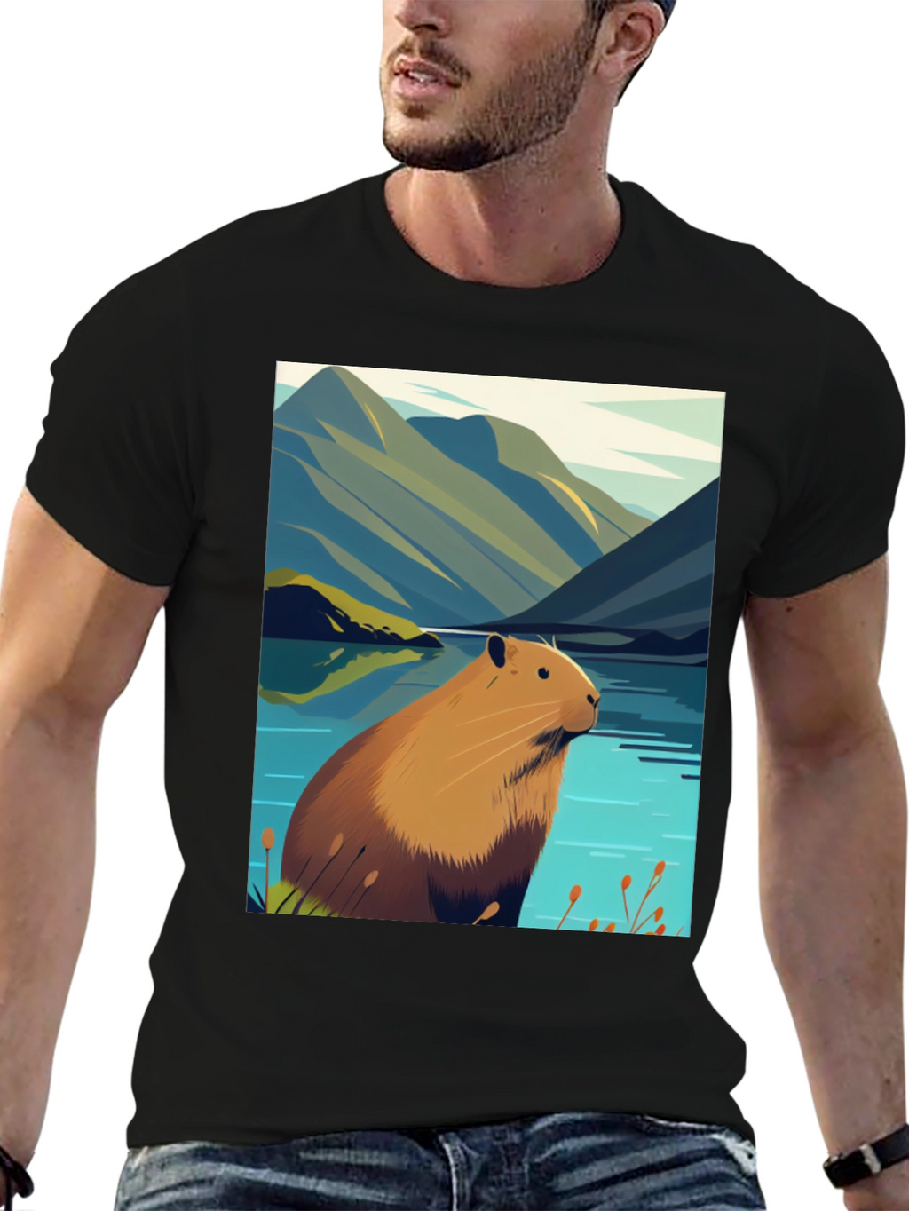 Capybara Lake Scene T-Shirt - Nature Graphic Tee