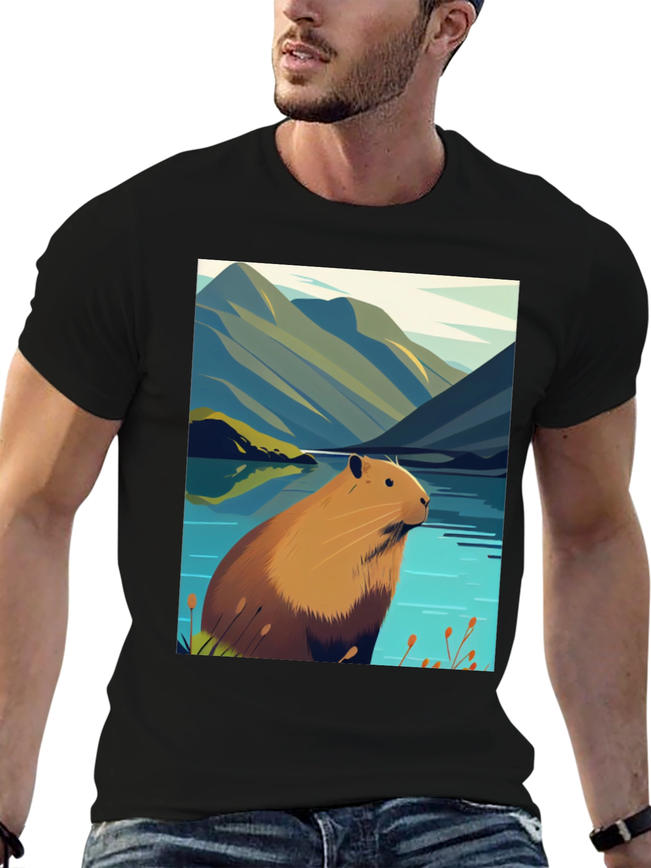 Capybara Lake Scene T-Shirt - Nature Graphic Tee