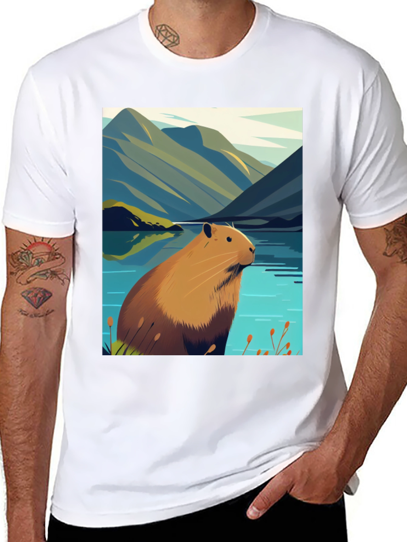 Capybara Lake Scene T-Shirt - Nature Graphic Tee