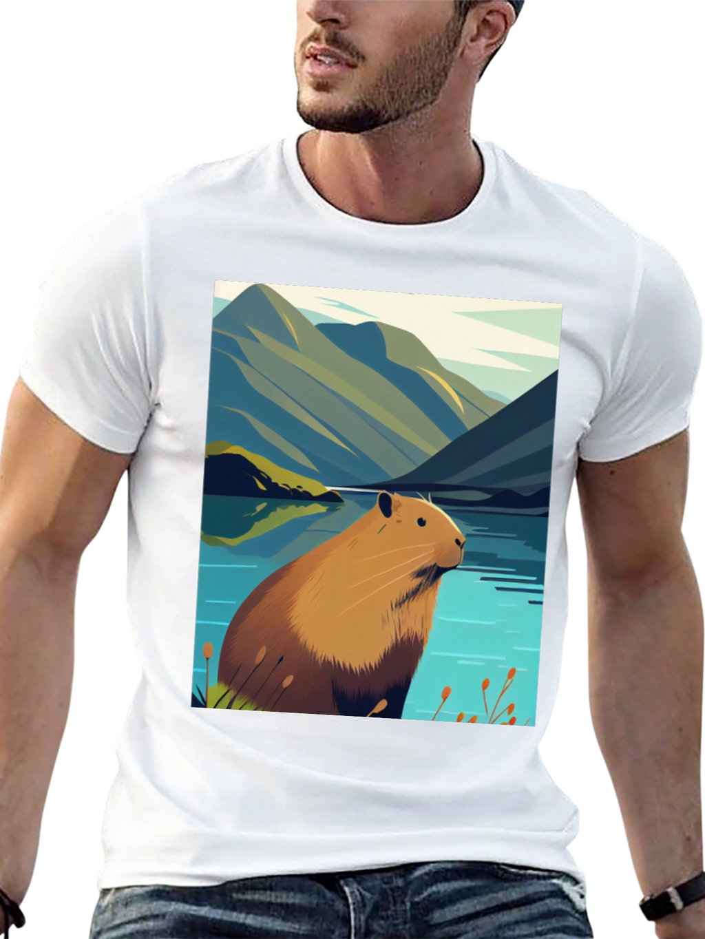 Capybara Lake Scene T-Shirt - Nature Graphic Tee