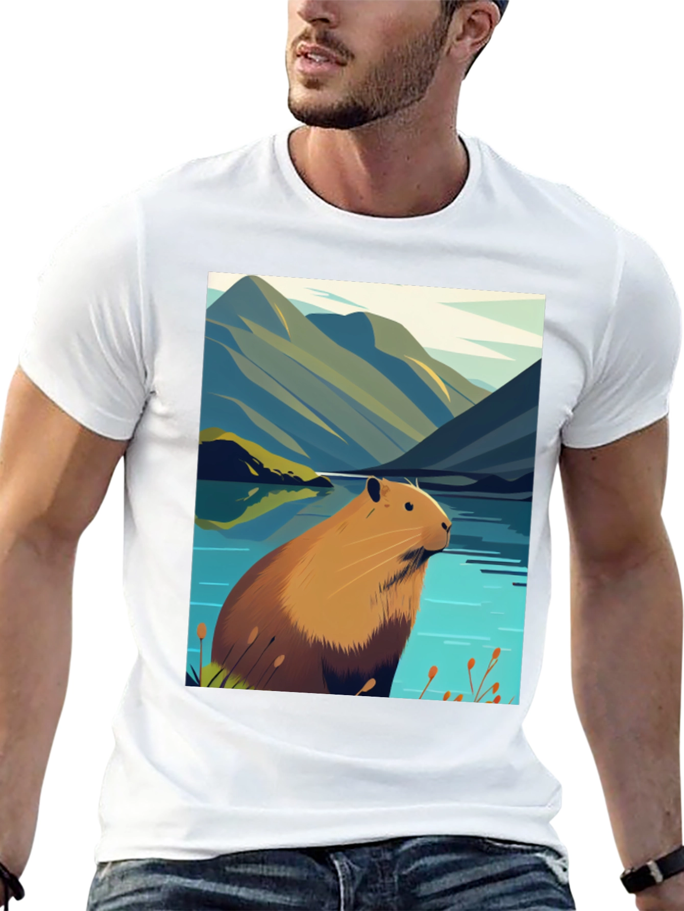 Capybara Lake Scene T-Shirt - Nature Graphic Tee