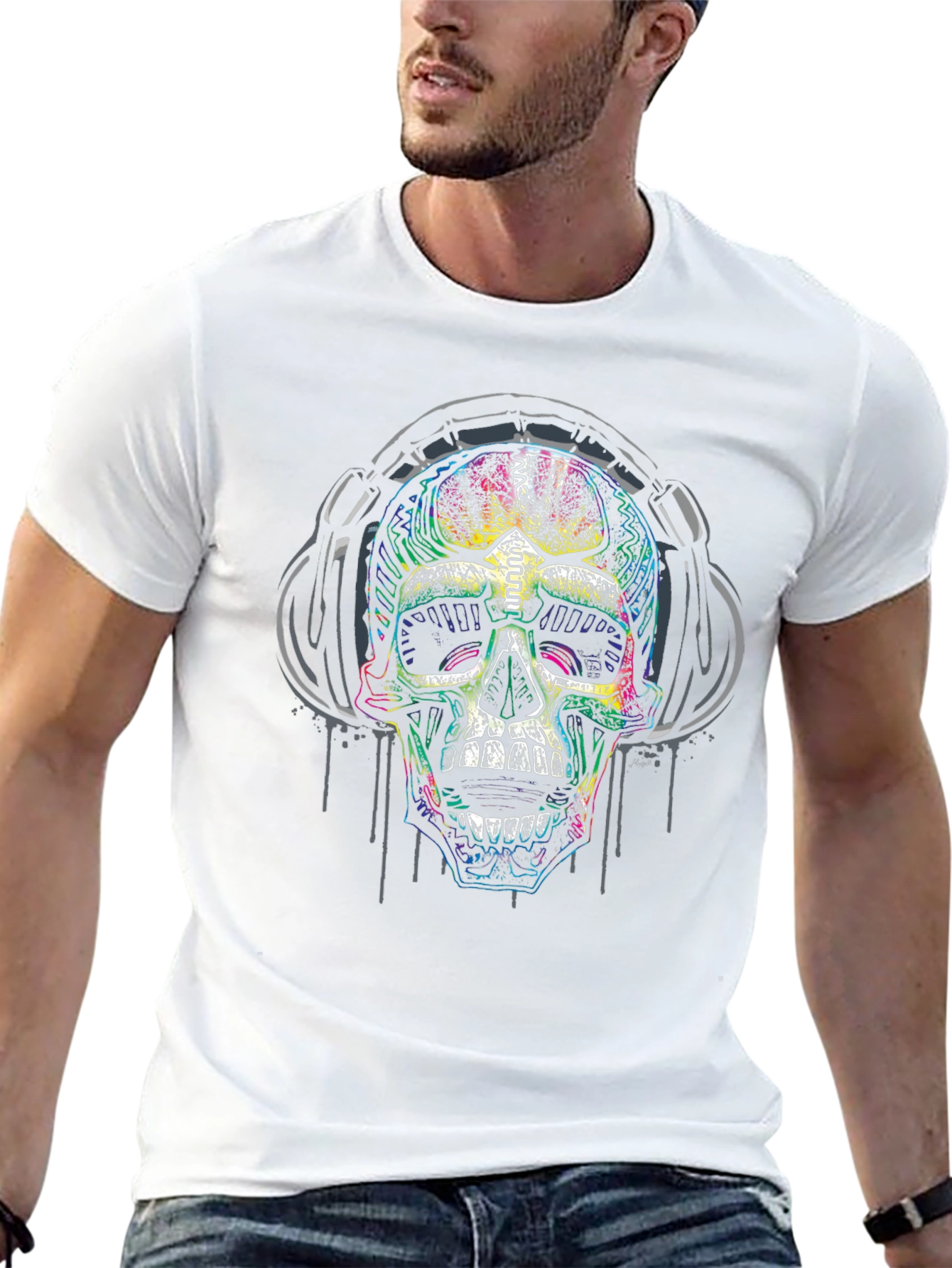 Skull Headphones Graphic Print Black T-Shirt