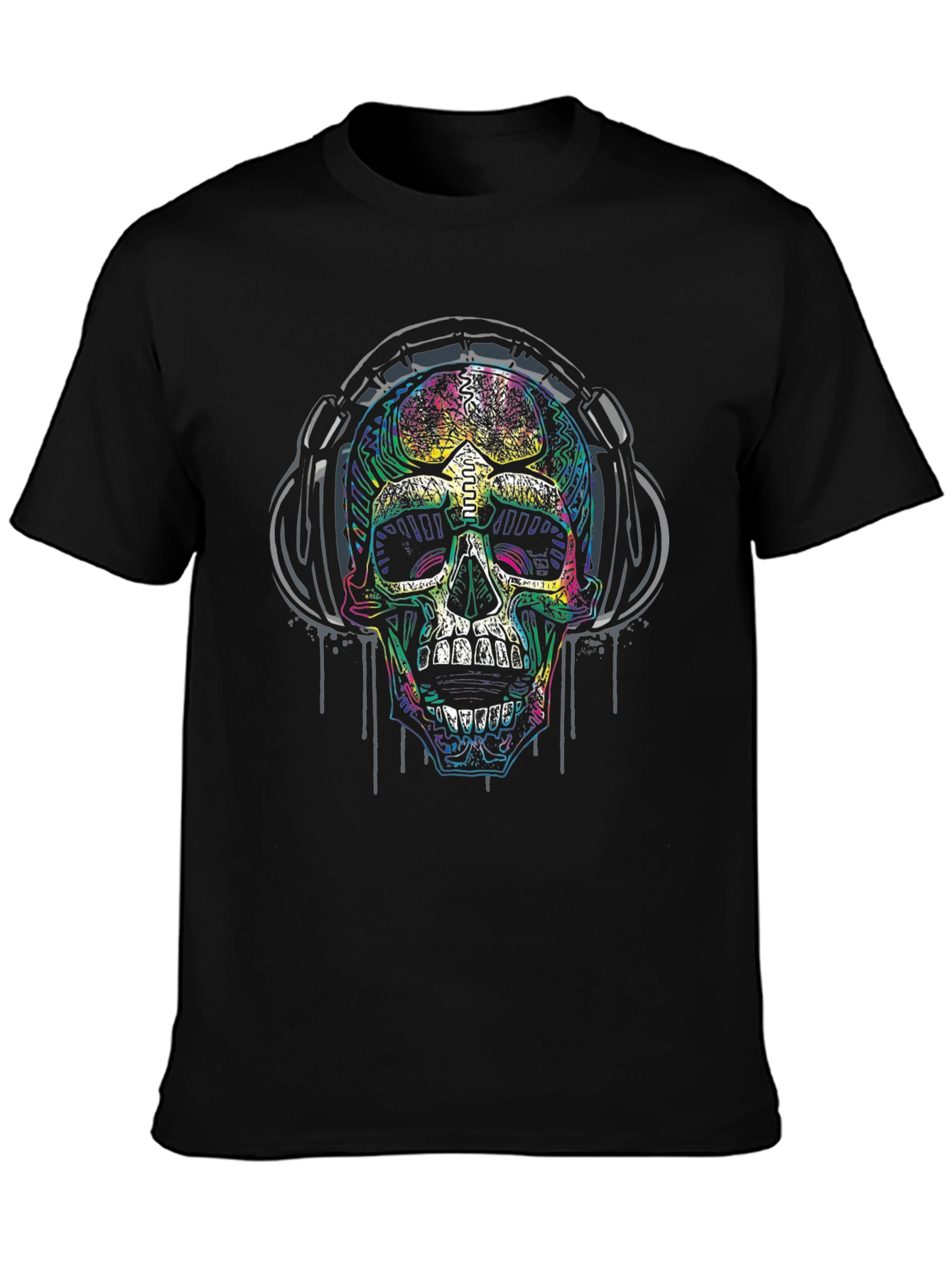 Skull Headphones Graphic Print Black T-Shirt