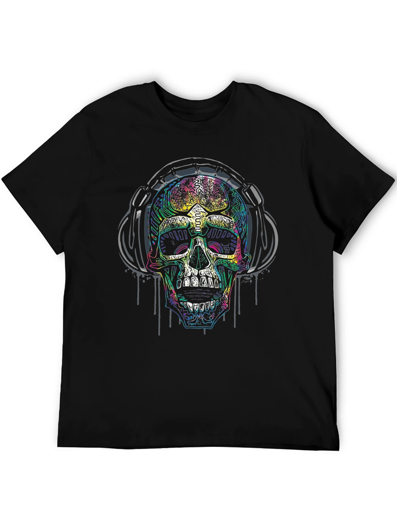 Skull Headphones Graphic Print Black T-Shirt