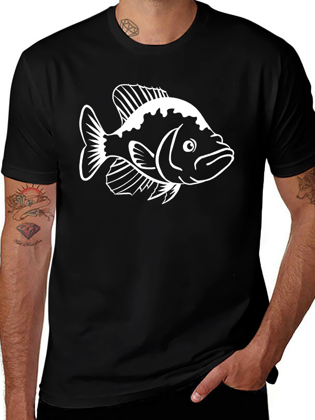 Black T-Shirt with White Fish Graphic