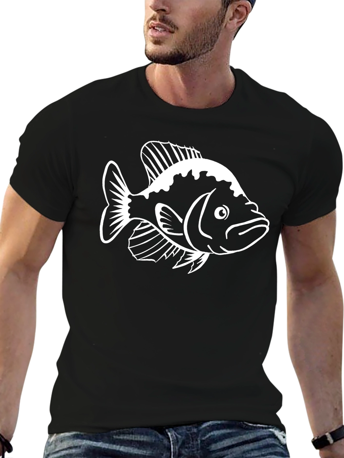 Black T-Shirt with White Fish Graphic