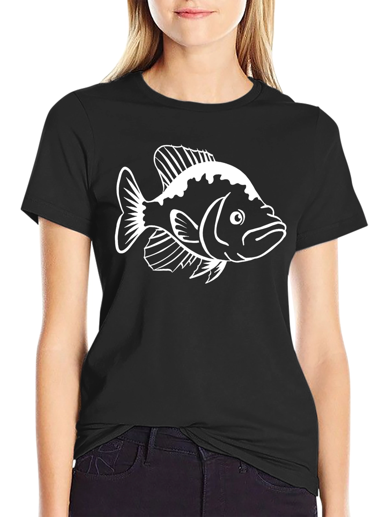 Black T-Shirt with White Fish Graphic