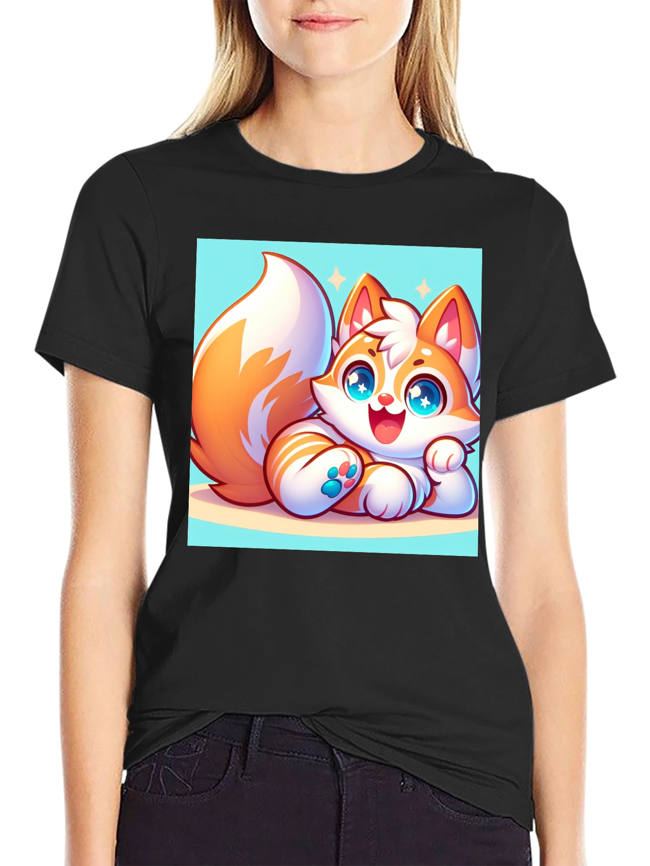 Cute Cartoon Fox Graphic Tee - Black T-Shirt