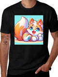 Cute Cartoon Fox Graphic Tee - Black T-Shirt