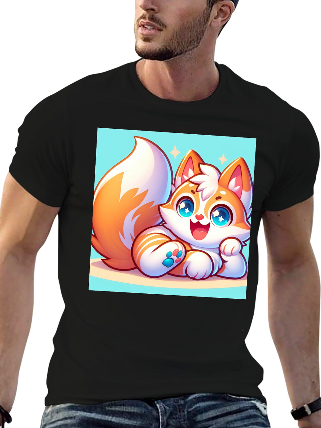 Cute Cartoon Fox Graphic Tee - Black T-Shirt