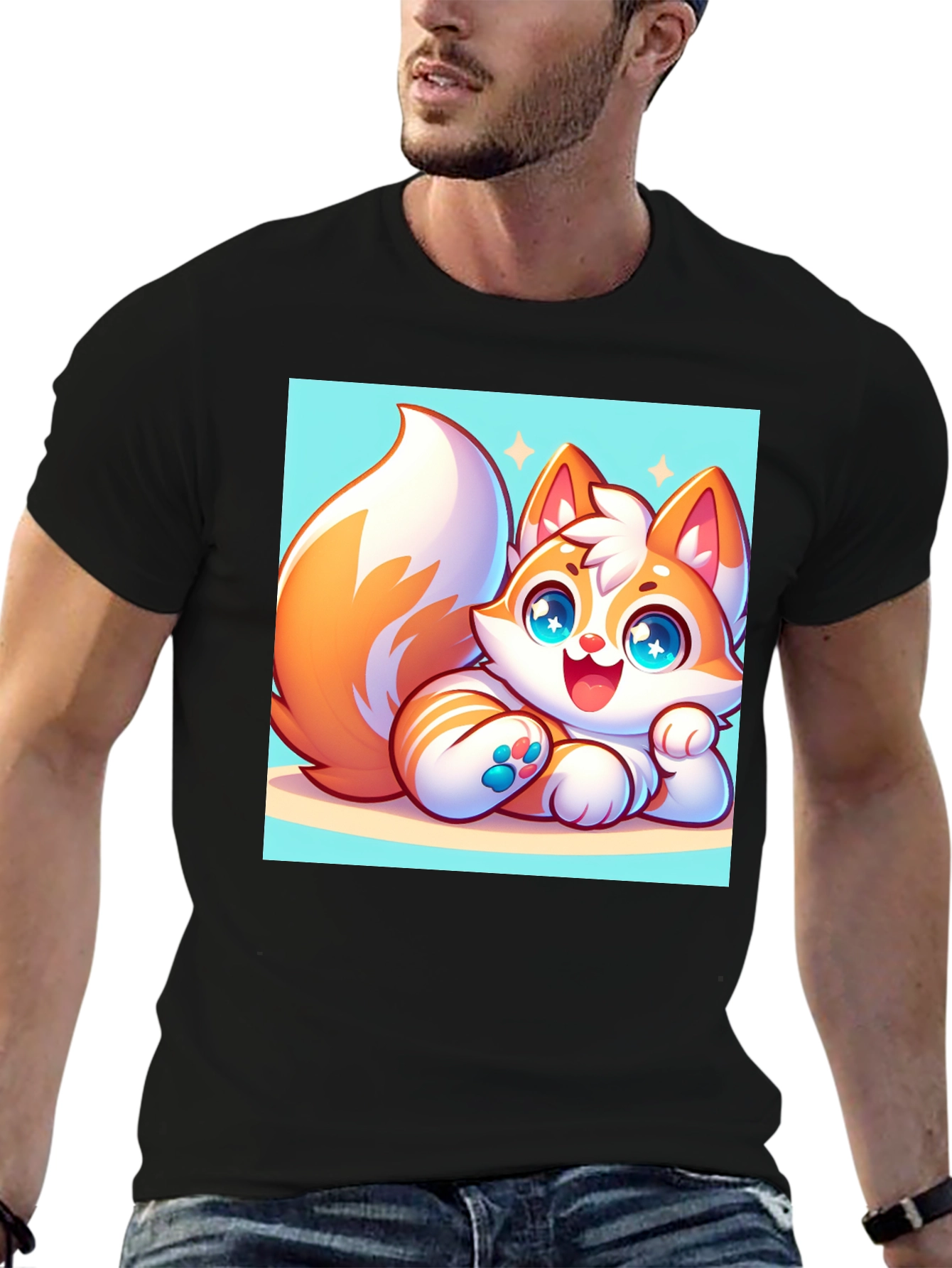 Cute Cartoon Fox Graphic Tee - Black T-Shirt