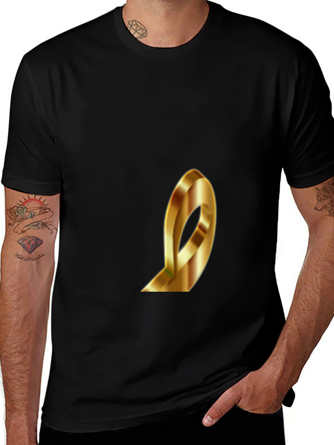 Stylish Black T-Shirt with Gold Ribbon Design