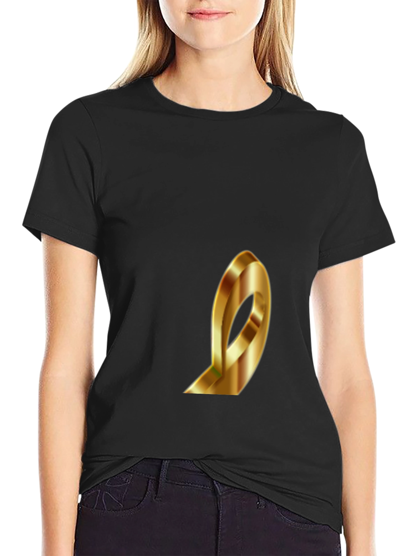 Stylish Black T-Shirt with Gold Ribbon Design